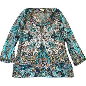 Sundance Silk Beaded Tunic Top Paisley V-Neck  Embellished Flowy Turquoise Large
